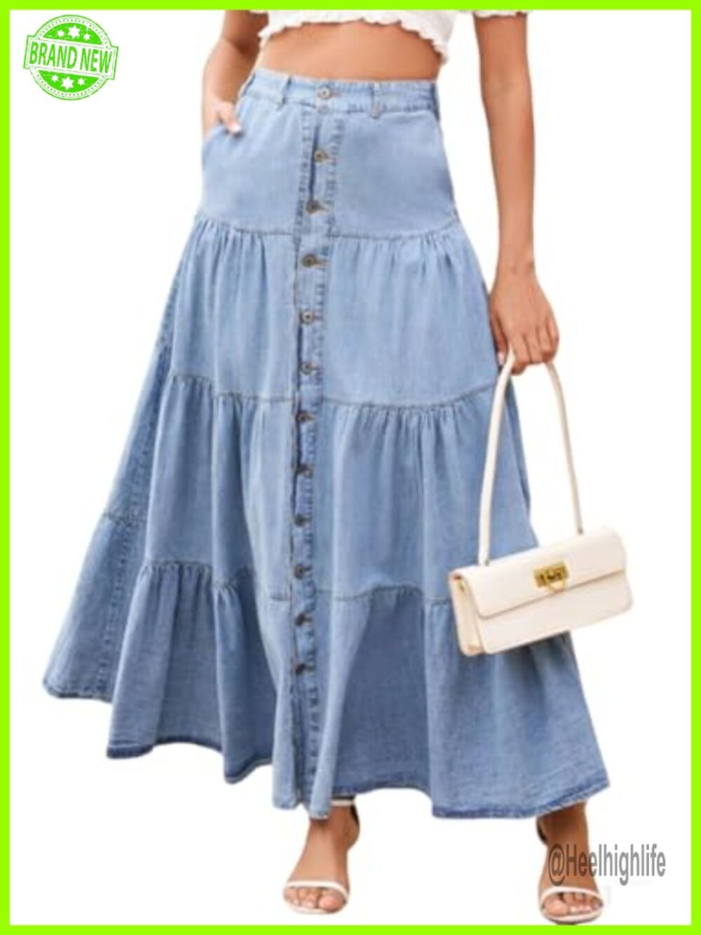 High Waisted A-Line Denim Maxi Skirt Button Ruffle Tiered Patchwork Pockets